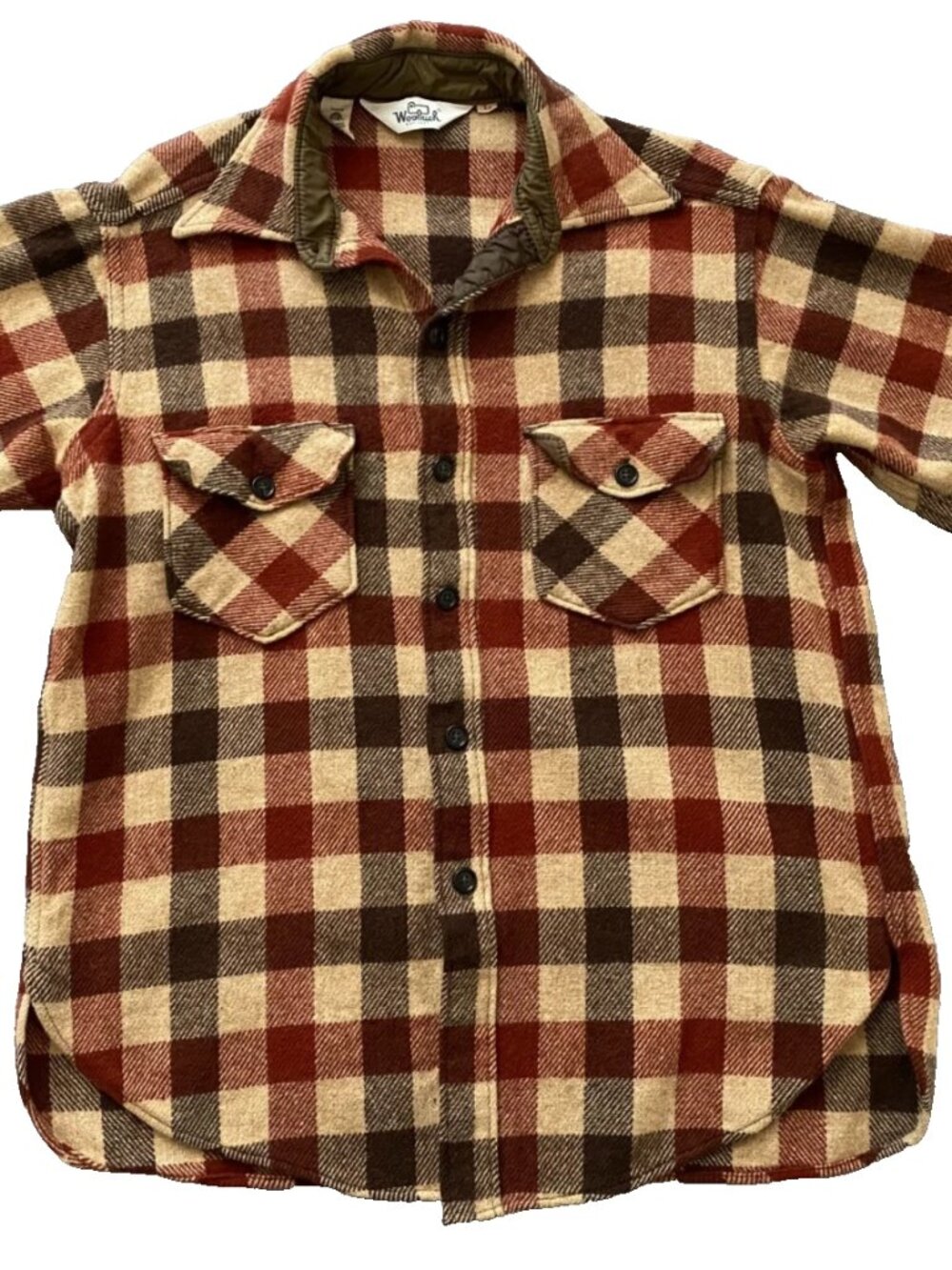 Vintage 70s Woolrich Men’s Large Beige Plaid Wool Blend Flannel Shirt USA